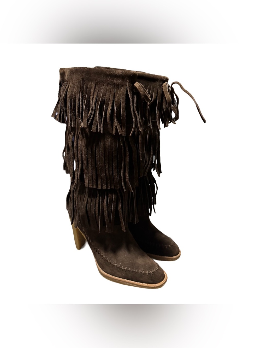Michael Kors Suede Fringe Boot Women's 6.5 High Heel Chocolate Western Cowgirl - Picture 2 of 7